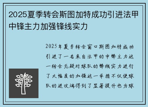 2025夏季转会斯图加特成功引进法甲中锋主力加强锋线实力