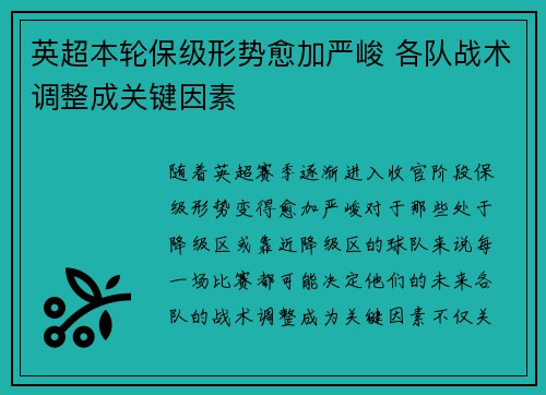英超本轮保级形势愈加严峻 各队战术调整成关键因素 英超本轮保级形势愈加严峻 各队战术调整成关键因素